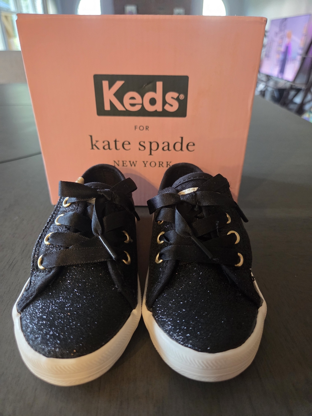 Keds for Kate Spade Kids Black Glitter Ribbon Lace Sneakers